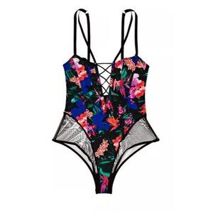 Victoria's Secret Lace Up Corset Teddy Boned Black Floral Mesh Hip Panels XL